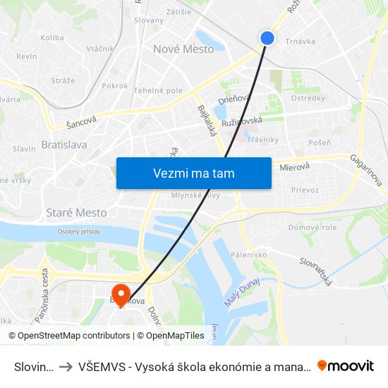 Slovinská (X) to VŠEMVS - Vysoká škola ekonómie a manažmentu, verejnej správy v Bratislave map