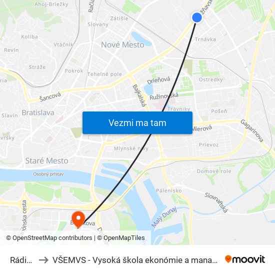 Rádiová (X) to VŠEMVS - Vysoká škola ekonómie a manažmentu, verejnej správy v Bratislave map