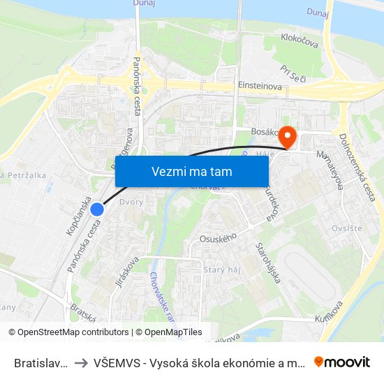 Bratislava-Petržalka to VŠEMVS - Vysoká škola ekonómie a manažmentu, verejnej správy v Bratislave map