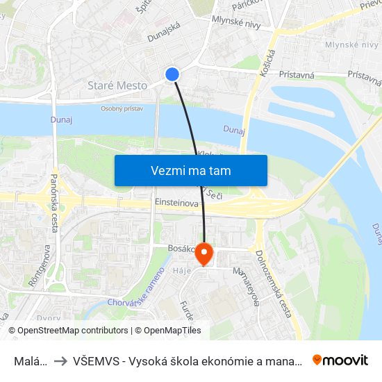 Malá Scéna to VŠEMVS - Vysoká škola ekonómie a manažmentu, verejnej správy v Bratislave map