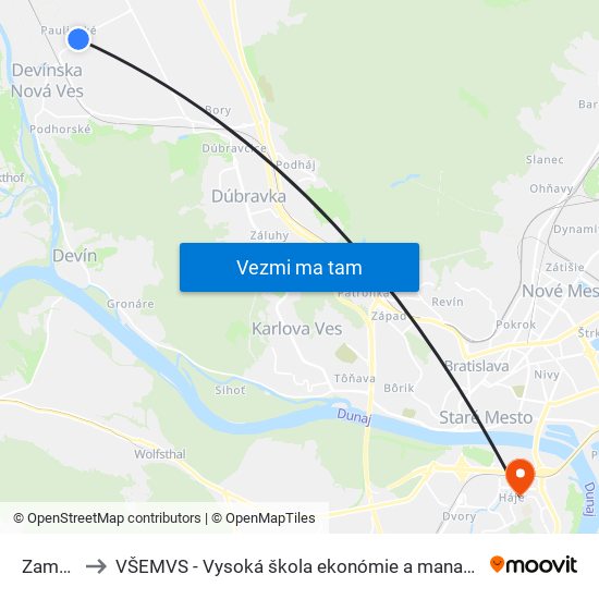 Zamajerské to VŠEMVS - Vysoká škola ekonómie a manažmentu, verejnej správy v Bratislave map
