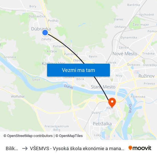 Bilíkova (X) to VŠEMVS - Vysoká škola ekonómie a manažmentu, verejnej správy v Bratislave map