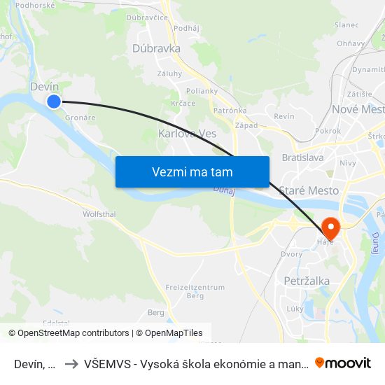Devín, Škola (X) to VŠEMVS - Vysoká škola ekonómie a manažmentu, verejnej správy v Bratislave map