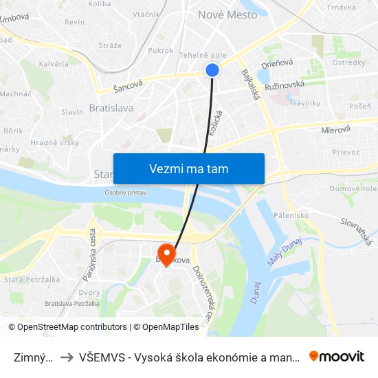 Zimný Štadión to VŠEMVS - Vysoká škola ekonómie a manažmentu, verejnej správy v Bratislave map