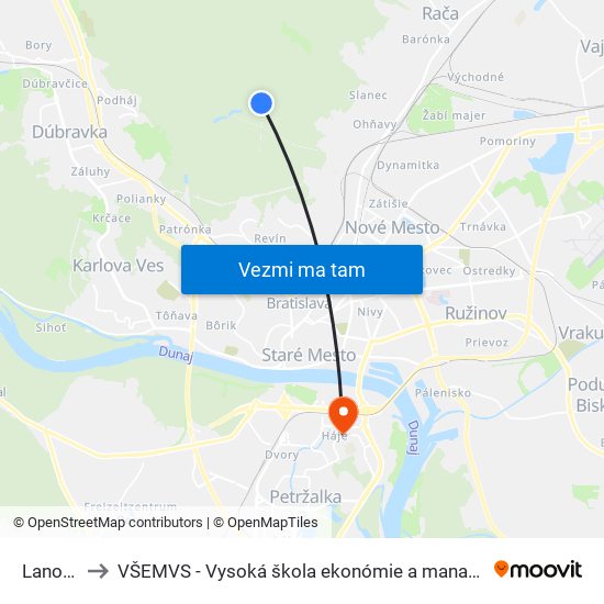 Lanovka (X) to VŠEMVS - Vysoká škola ekonómie a manažmentu, verejnej správy v Bratislave map