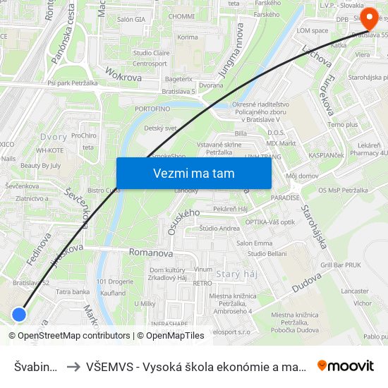 Švabinského (X) to VŠEMVS - Vysoká škola ekonómie a manažmentu, verejnej správy v Bratislave map