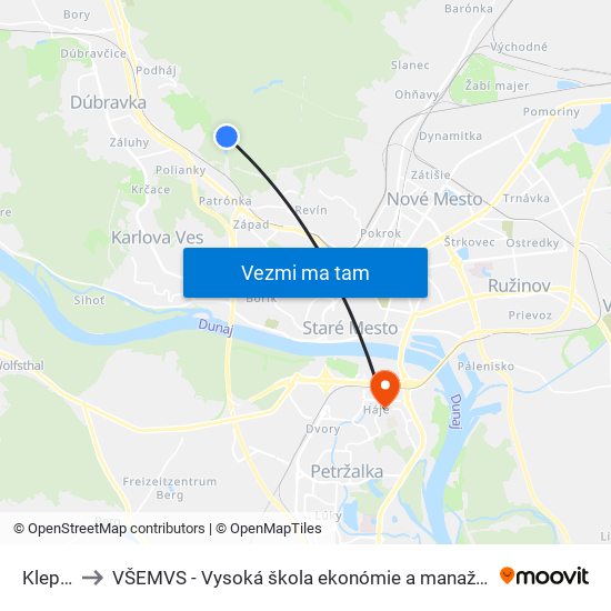 Klepáč (X) to VŠEMVS - Vysoká škola ekonómie a manažmentu, verejnej správy v Bratislave map