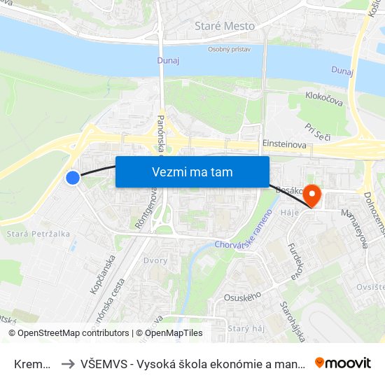 Kremnická (X) to VŠEMVS - Vysoká škola ekonómie a manažmentu, verejnej správy v Bratislave map