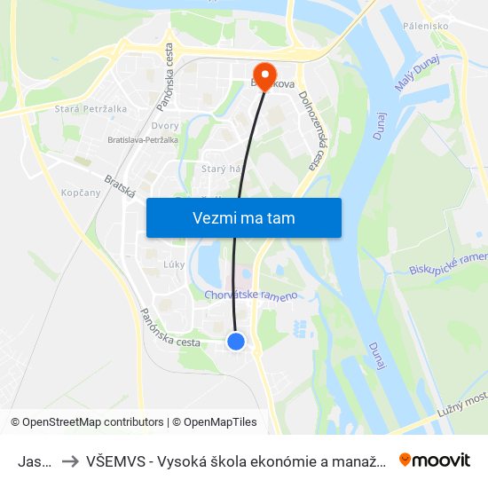 Jasovská to VŠEMVS - Vysoká škola ekonómie a manažmentu, verejnej správy v Bratislave map