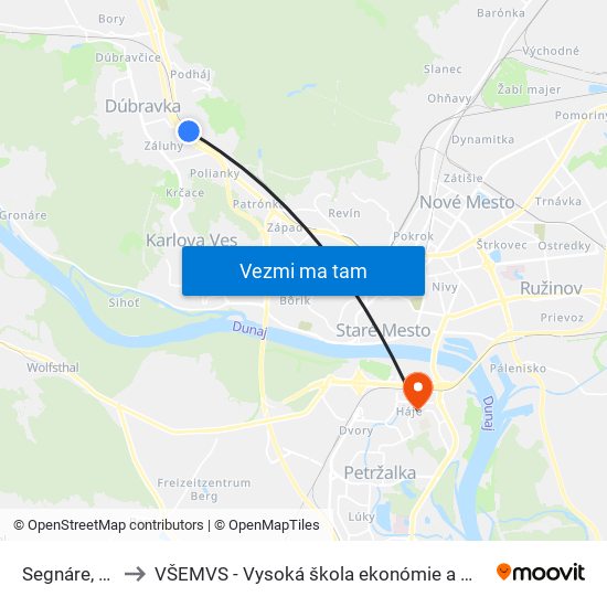 Segnáre, Nadchod (X) to VŠEMVS - Vysoká škola ekonómie a manažmentu, verejnej správy v Bratislave map
