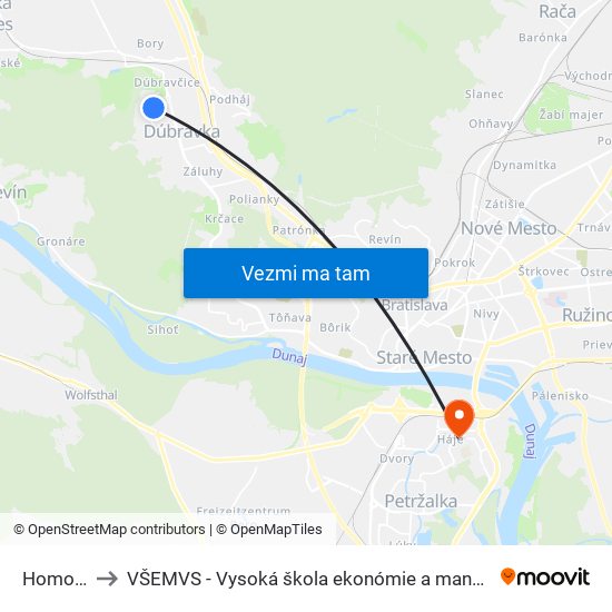 Homolova (X) to VŠEMVS - Vysoká škola ekonómie a manažmentu, verejnej správy v Bratislave map