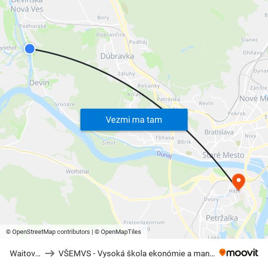 Waitov Lom (X) to VŠEMVS - Vysoká škola ekonómie a manažmentu, verejnej správy v Bratislave map