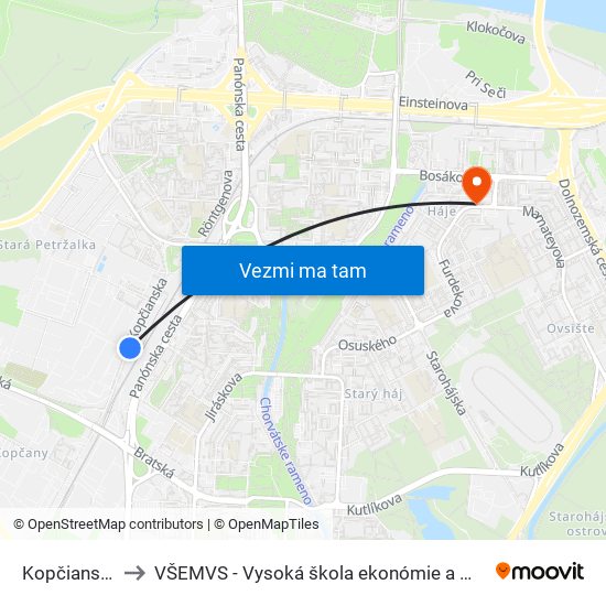 Kopčianska, Stred (X) to VŠEMVS - Vysoká škola ekonómie a manažmentu, verejnej správy v Bratislave map
