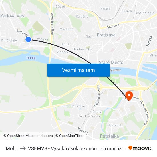 Molecova to VŠEMVS - Vysoká škola ekonómie a manažmentu, verejnej správy v Bratislave map