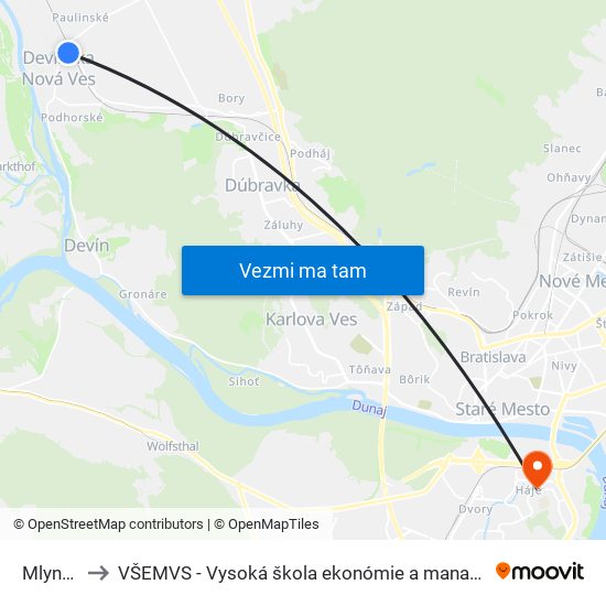 Mlynská (X) to VŠEMVS - Vysoká škola ekonómie a manažmentu, verejnej správy v Bratislave map