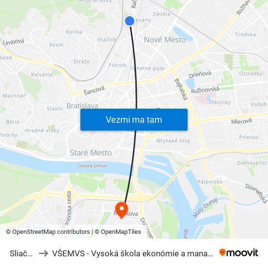 Sliačska (X) to VŠEMVS - Vysoká škola ekonómie a manažmentu, verejnej správy v Bratislave map