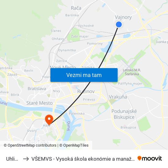 Uhliská (X) to VŠEMVS - Vysoká škola ekonómie a manažmentu, verejnej správy v Bratislave map