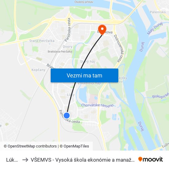 Lúky V (X) to VŠEMVS - Vysoká škola ekonómie a manažmentu, verejnej správy v Bratislave map
