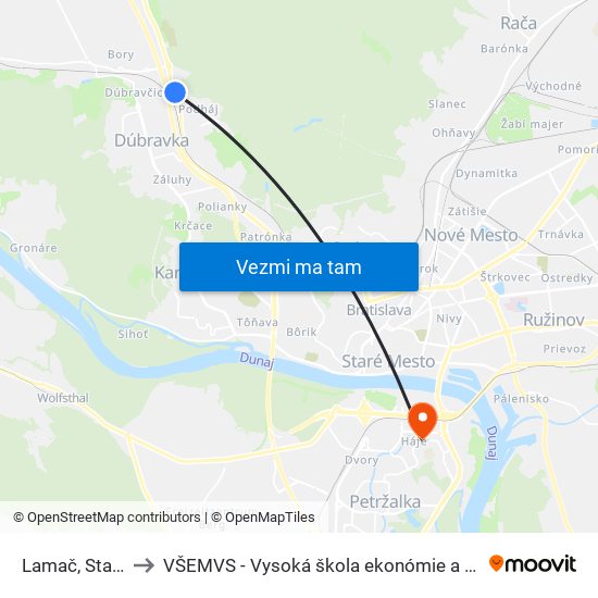 Lamač, Staré Záhrady (X) to VŠEMVS - Vysoká škola ekonómie a manažmentu, verejnej správy v Bratislave map