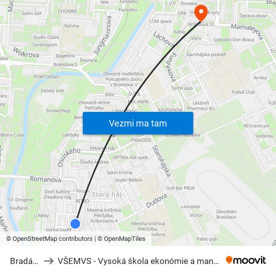 Bradáčova (X) to VŠEMVS - Vysoká škola ekonómie a manažmentu, verejnej správy v Bratislave map