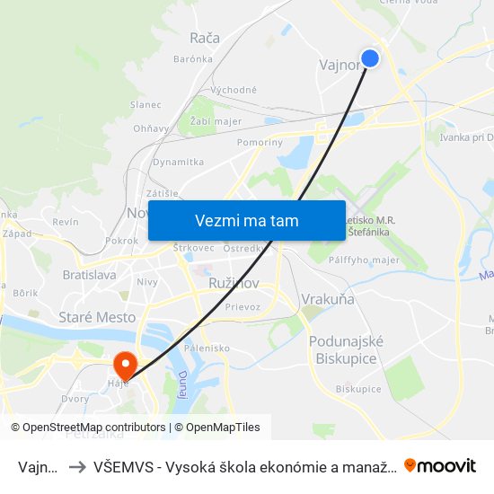 Vajnory (X) to VŠEMVS - Vysoká škola ekonómie a manažmentu, verejnej správy v Bratislave map