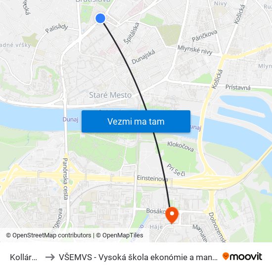 Kollárovo Nám. to VŠEMVS - Vysoká škola ekonómie a manažmentu, verejnej správy v Bratislave map