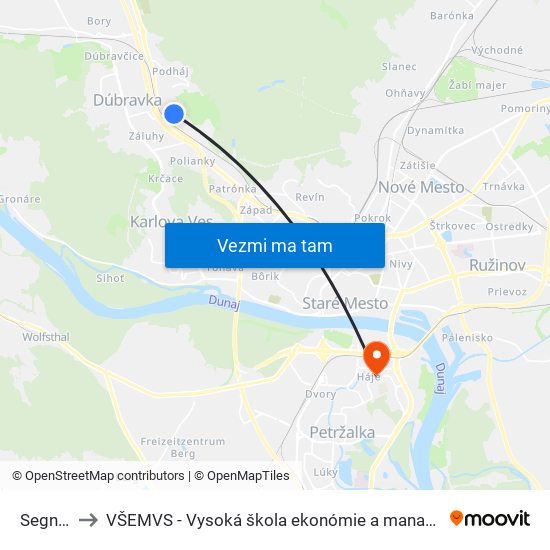 Segnáre (X) to VŠEMVS - Vysoká škola ekonómie a manažmentu, verejnej správy v Bratislave map