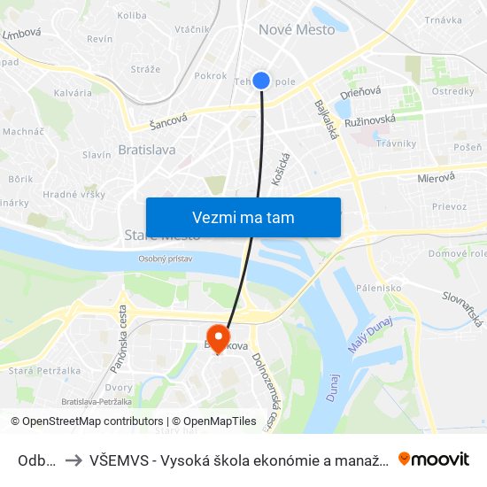 Odbojárov to VŠEMVS - Vysoká škola ekonómie a manažmentu, verejnej správy v Bratislave map
