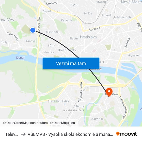 Televízia (X) to VŠEMVS - Vysoká škola ekonómie a manažmentu, verejnej správy v Bratislave map