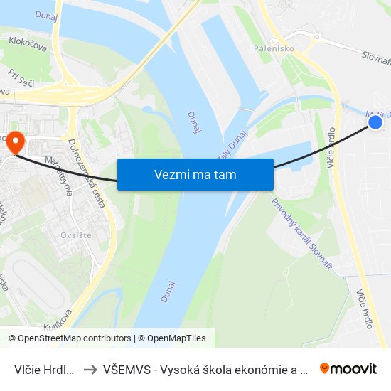 Vlčie Hrdlo, Sídlisko (X) to VŠEMVS - Vysoká škola ekonómie a manažmentu, verejnej správy v Bratislave map