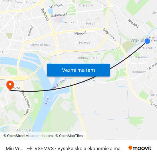 Miú Vrakuňa (X) to VŠEMVS - Vysoká škola ekonómie a manažmentu, verejnej správy v Bratislave map