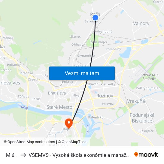 Miú Rača to VŠEMVS - Vysoká škola ekonómie a manažmentu, verejnej správy v Bratislave map