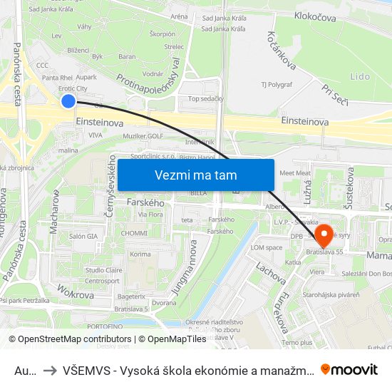 Aupark to VŠEMVS - Vysoká škola ekonómie a manažmentu, verejnej správy v Bratislave map