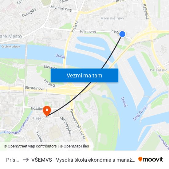 Prístav (X) to VŠEMVS - Vysoká škola ekonómie a manažmentu, verejnej správy v Bratislave map