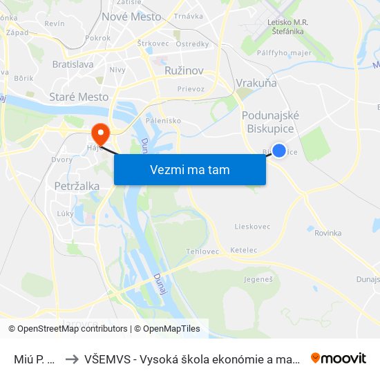 Miú P. Biskupice to VŠEMVS - Vysoká škola ekonómie a manažmentu, verejnej správy v Bratislave map