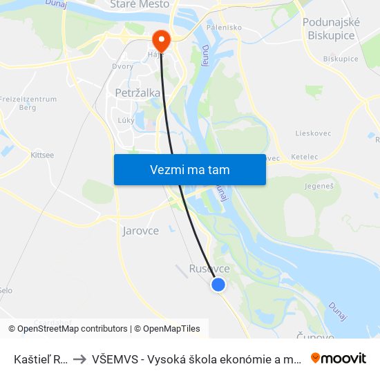 Kaštieľ Rusovce (X) to VŠEMVS - Vysoká škola ekonómie a manažmentu, verejnej správy v Bratislave map