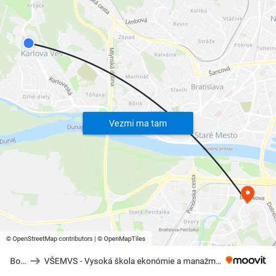 Borská to VŠEMVS - Vysoká škola ekonómie a manažmentu, verejnej správy v Bratislave map