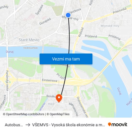 Autobusová Stanica to VŠEMVS - Vysoká škola ekonómie a manažmentu, verejnej správy v Bratislave map