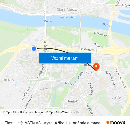Einsteinova to VŠEMVS - Vysoká škola ekonómie a manažmentu, verejnej správy v Bratislave map