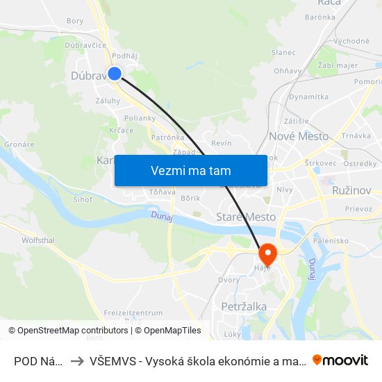 POD Násypom (X) to VŠEMVS - Vysoká škola ekonómie a manažmentu, verejnej správy v Bratislave map