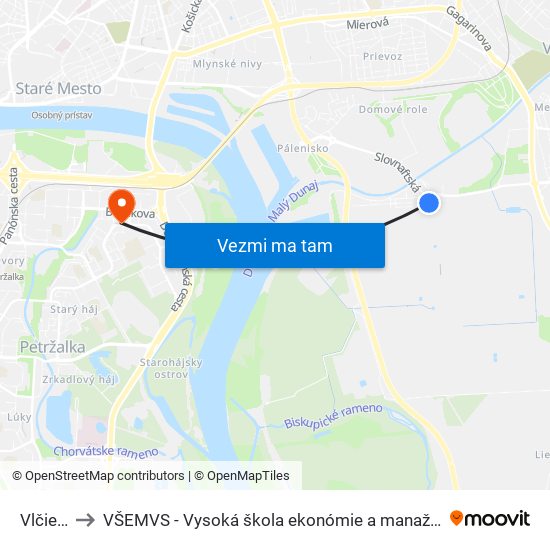 Vlčie Hrdlo to VŠEMVS - Vysoká škola ekonómie a manažmentu, verejnej správy v Bratislave map