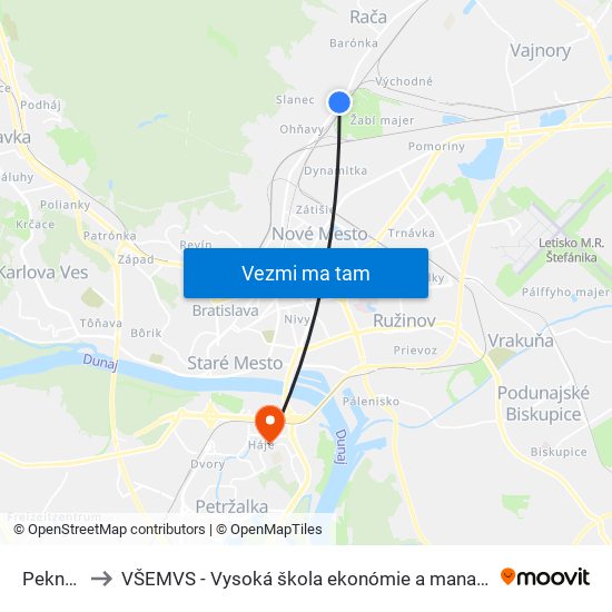 Pekná Cesta to VŠEMVS - Vysoká škola ekonómie a manažmentu, verejnej správy v Bratislave map