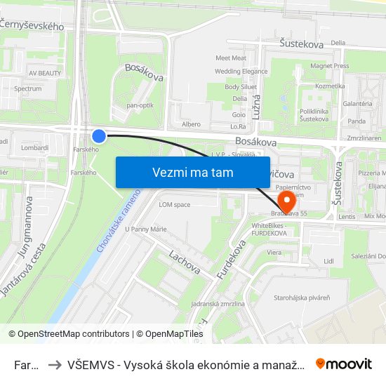 Farského to VŠEMVS - Vysoká škola ekonómie a manažmentu, verejnej správy v Bratislave map
