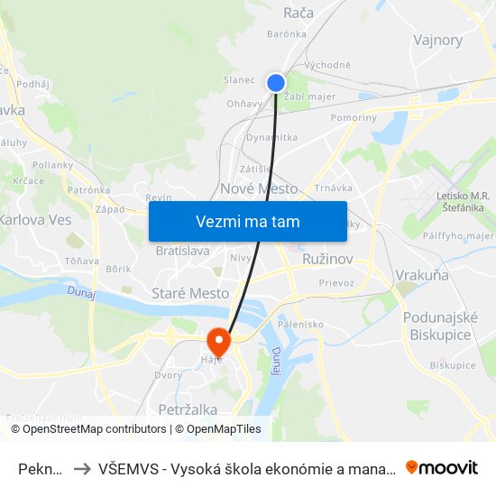 Pekná Cesta to VŠEMVS - Vysoká škola ekonómie a manažmentu, verejnej správy v Bratislave map