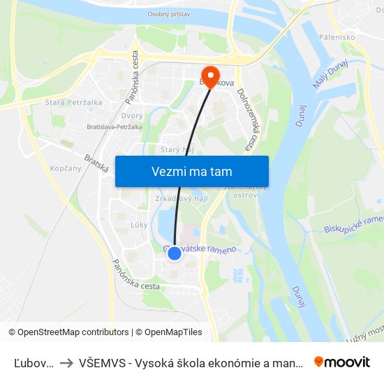 Ľubovnianska to VŠEMVS - Vysoká škola ekonómie a manažmentu, verejnej správy v Bratislave map
