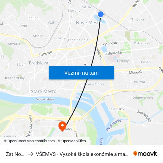 Žst Nové Mesto to VŠEMVS - Vysoká škola ekonómie a manažmentu, verejnej správy v Bratislave map