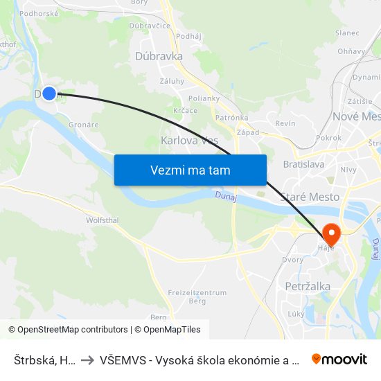 Štrbská, Hrad Devín (X) to VŠEMVS - Vysoká škola ekonómie a manažmentu, verejnej správy v Bratislave map