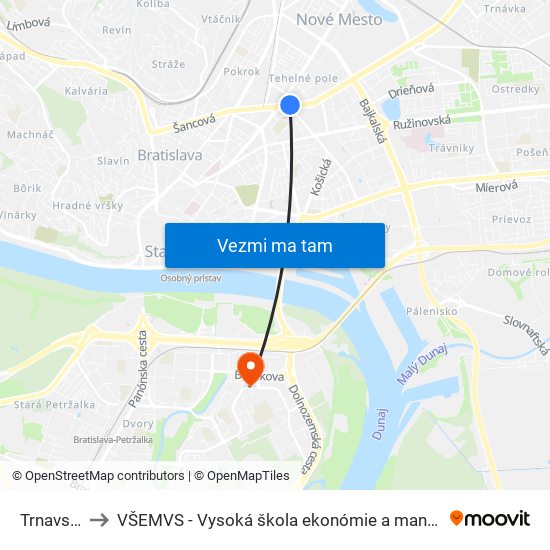 Trnavské Mýto to VŠEMVS - Vysoká škola ekonómie a manažmentu, verejnej správy v Bratislave map
