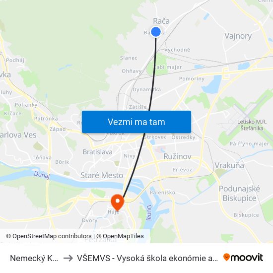 Nemecký Kultúrny Dom (X) to VŠEMVS - Vysoká škola ekonómie a manažmentu, verejnej správy v Bratislave map