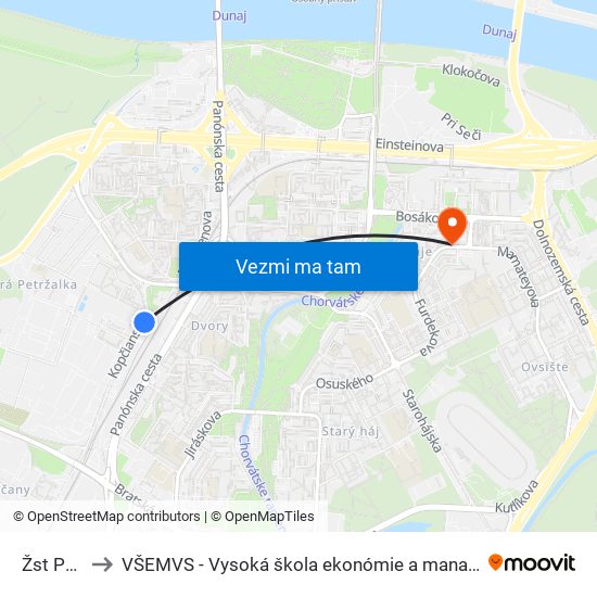 Žst Petržalka to VŠEMVS - Vysoká škola ekonómie a manažmentu, verejnej správy v Bratislave map
